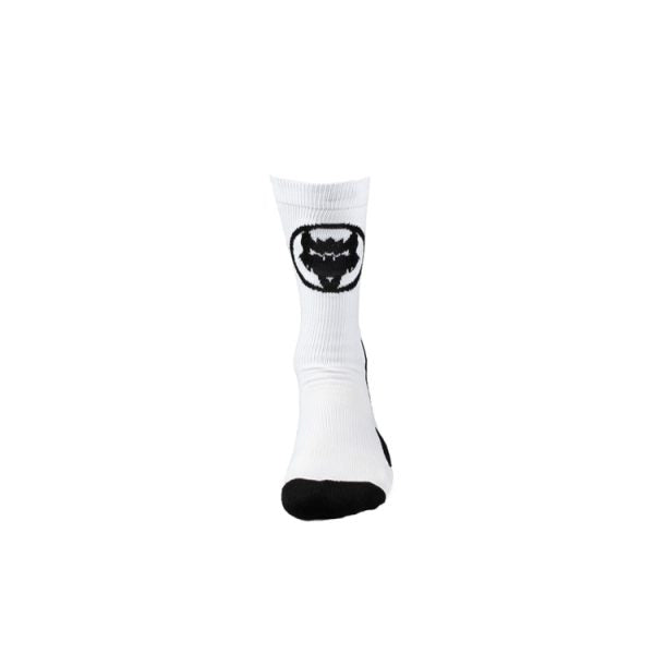White Athletic socks with black toe, sole, and heel, with Black VukGripz logo on shin