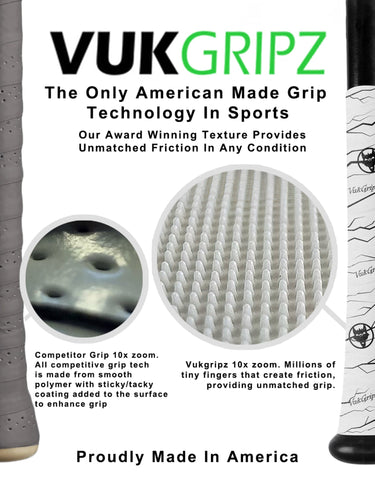 Vukgripz grip technology for sports equipment with close-up details and text on a white background.