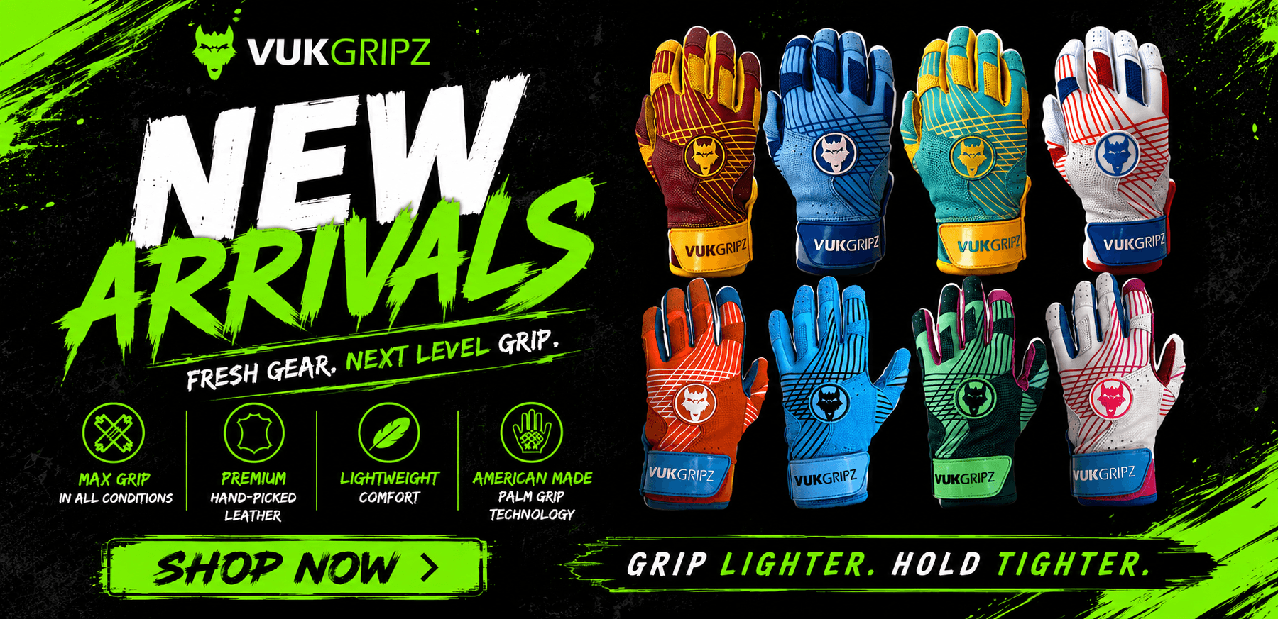 Promotional banner for VUKGRIPZ grip gloves, showing multiple pairs of colorful athletic gloves on the right and marketing text on the left including 'NEW ARRIVALS', feature icons, and a 'SHOP NOW' button.