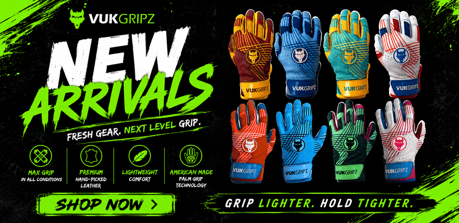 Promotional banner for VUKGRIPZ grip gloves, showing multiple pairs of colorful athletic gloves on the right and marketing text on the left including 'NEW ARRIVALS', feature icons, and a 'SHOP NOW' button.