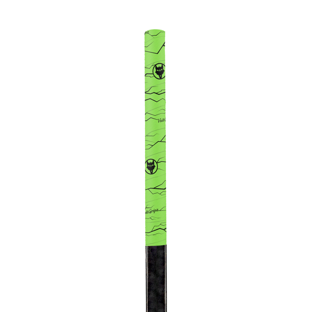 A roll of high-quality Pulse Neon Green hockey grip tape, designed for superior grip and durability, displayed on a clean hockey stick. The hockey stick grip tape features an unmatched texture, ideal for securing your hands for improved puck control, with premium materials made in the USA.