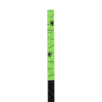 A roll of high-quality Pulse Neon Green hockey grip tape, designed for superior grip and durability, displayed on a clean hockey stick. The hockey stick grip tape features an unmatched texture, ideal for securing your hands for improved puck control, with premium materials made in the USA.
