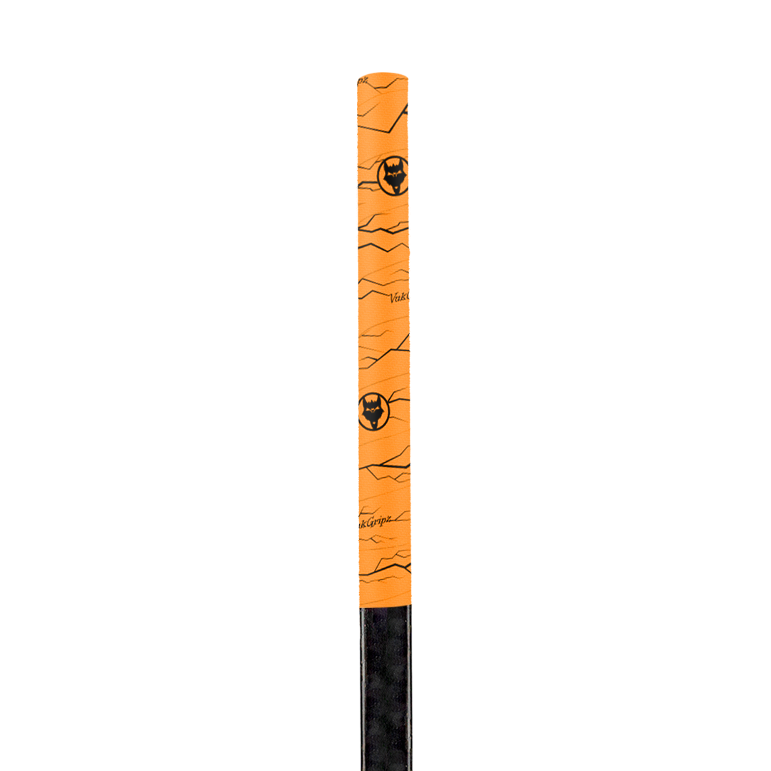 A roll of high-quality Pulse Orange hockey grip tape, designed for superior grip and durability, displayed on a clean hockey stick. The hockey stick grip tape features an unmatched texture, ideal for securing your hands for improved puck control, with premium materials made in the USA.