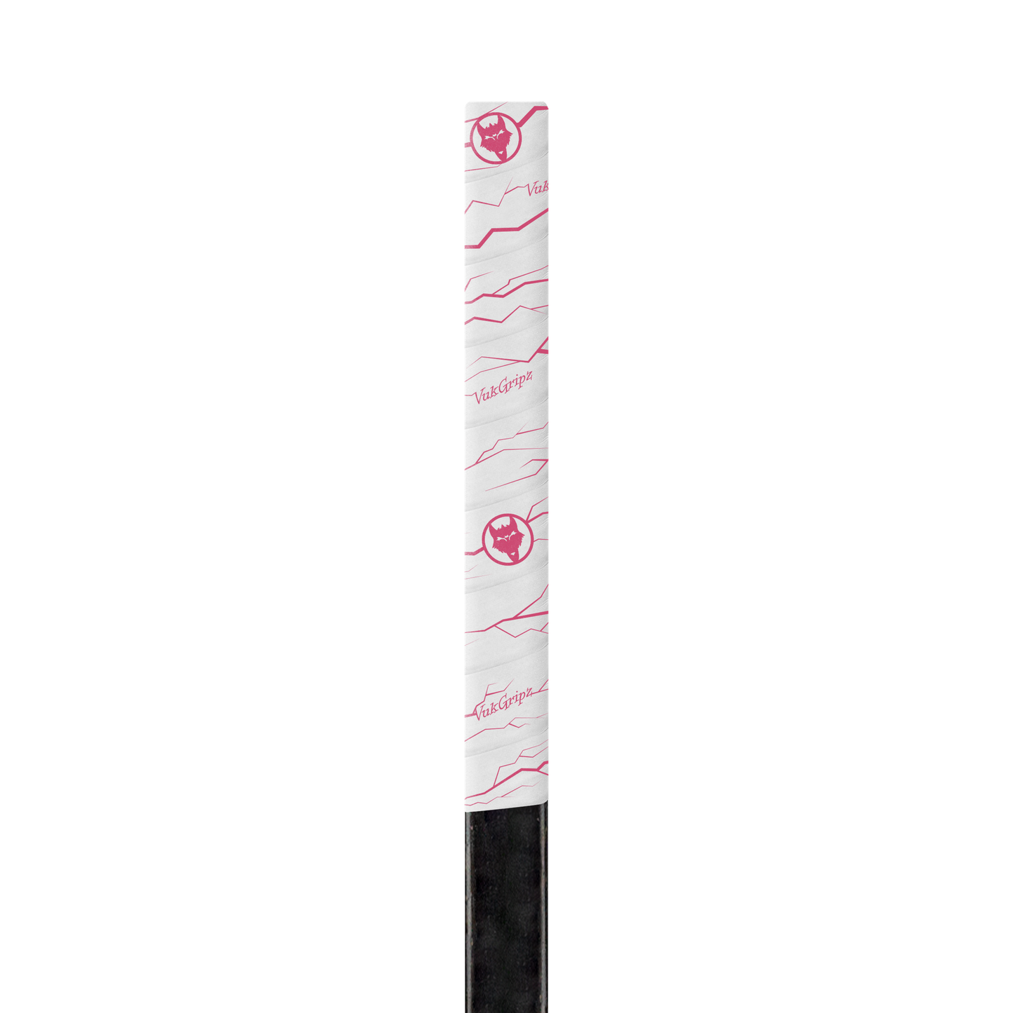 A roll of high-quality Pulse White with pink hockey grip tape, designed for superior grip and durability, displayed on a clean hockey stick. The hockey stick grip tape features an unmatched texture, ideal for securing your hands for improved puck control, with premium materials made in the USA.
