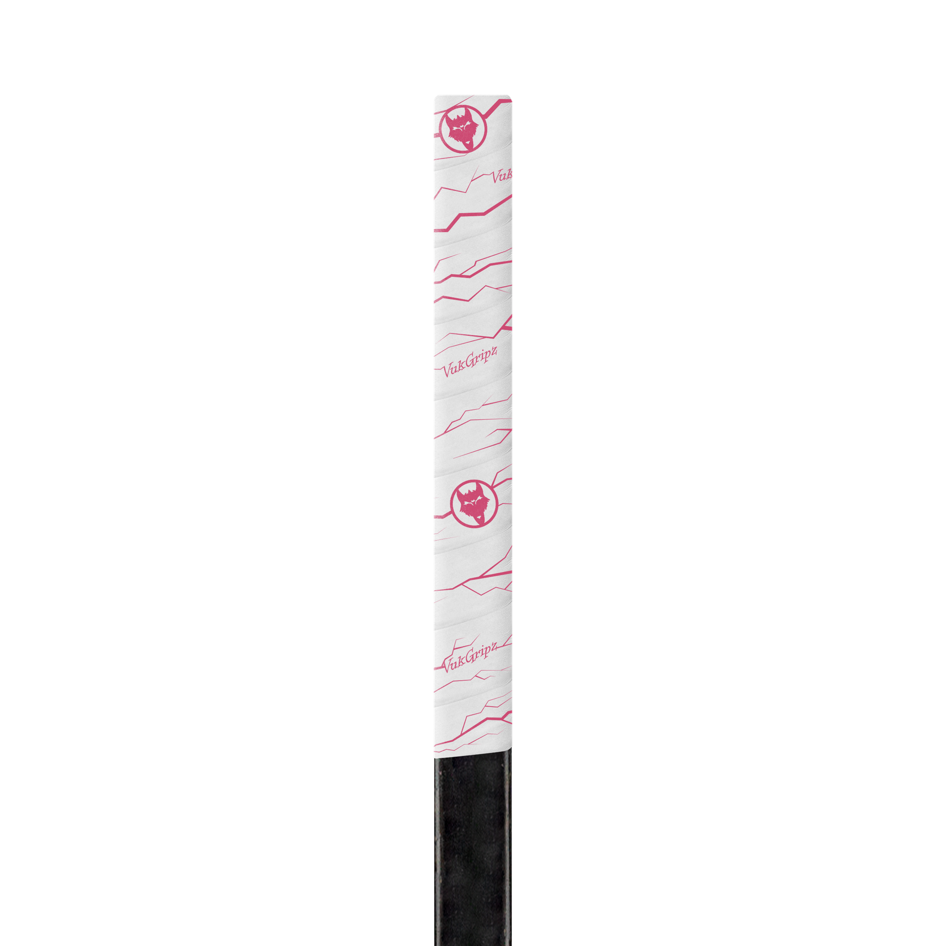 A roll of high-quality Pulse White with pink hockey grip tape, designed for superior grip and durability, displayed on a clean hockey stick. The hockey stick grip tape features an unmatched texture, ideal for securing your hands for improved puck control, with premium materials made in the USA.