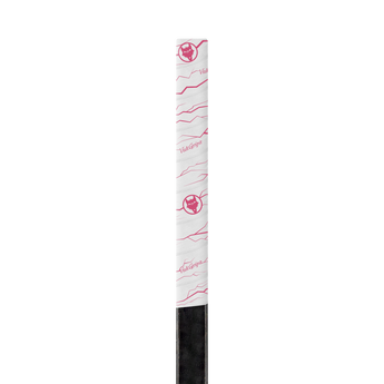 A roll of high-quality Pulse White with pink hockey grip tape, designed for superior grip and durability, displayed on a clean hockey stick. The hockey stick grip tape features an unmatched texture, ideal for securing your hands for improved puck control, with premium materials made in the USA.