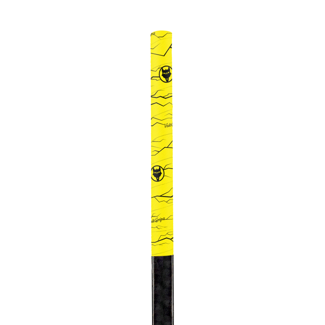 A roll of high-quality Pulse Yellow hockey grip tape, designed for superior grip and durability, displayed on a clean hockey stick. The hockey stick grip tape features an unmatched texture, ideal for securing your hands for improved puck control, with premium materials made in the USA.