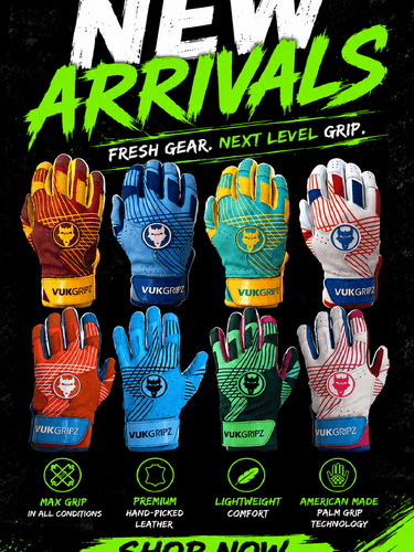 A promotional graphic for VukGripz Batting gloves showing eight different colorways arranged in two rows on a black background with bright green and white text reading 'NEW ARRIVALS' and 'SHOP NOW'.