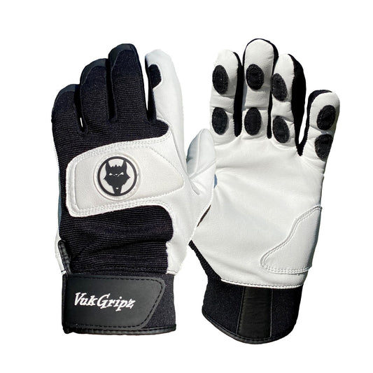 Front View and palm view of Black & White Canine VukGripz Batting Gloves