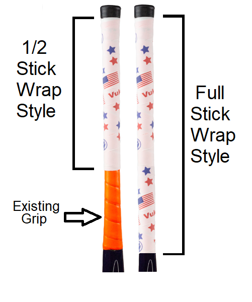 Gray Field Hockey Grip Tape with VukGripz logos Half Stick vs. Full Stick Style