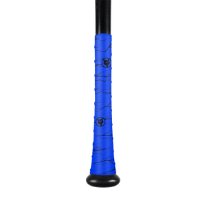 Blue bat grip tape wrapped around a baseball bat to improve friction and grip with bat grip tape, blue bat grip tape
