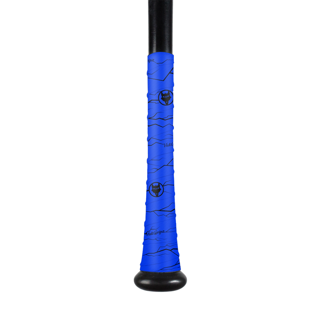 Blue bat grip tape wrapped around a baseball bat to improve friction and grip with bat grip tape, blue bat grip tape