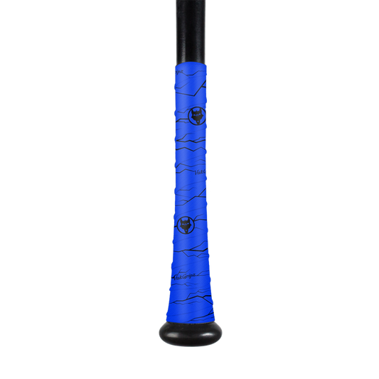 Blue bat grip tape wrapped around a baseball bat to improve friction and grip with bat grip tape, blue bat grip tape