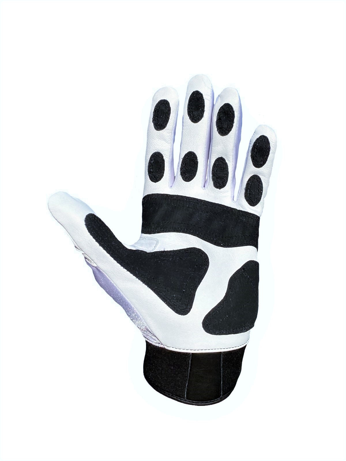 Palm view VukGripz Alpha 2.0 White Batting Gloves featuring white palm and black grip material
