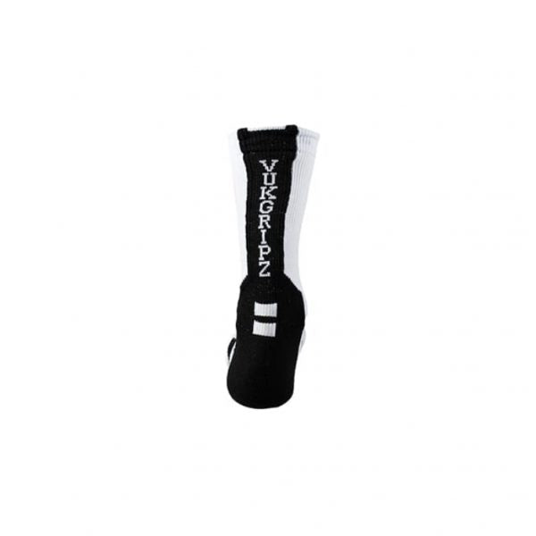 White Athletic socks with black toe, sole, and heel, with Black VukGripz logo on shin