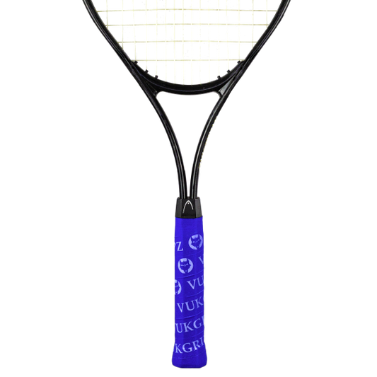 Blue Tennis racquet overgrip with white VukGripz logos