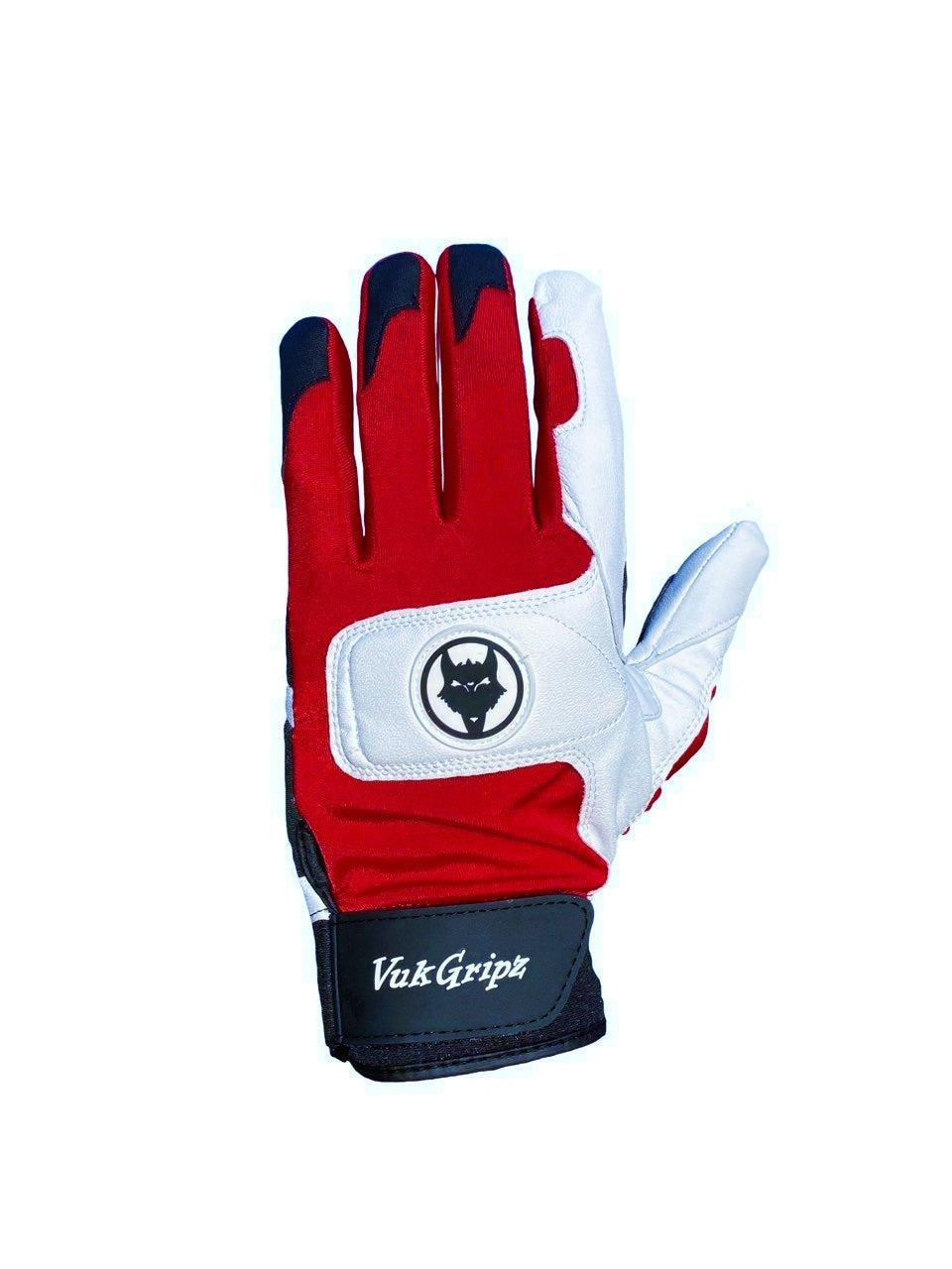 Front view of VukGripz Alpha 2.0 Red Batting Gloves featuring white logo and black strap