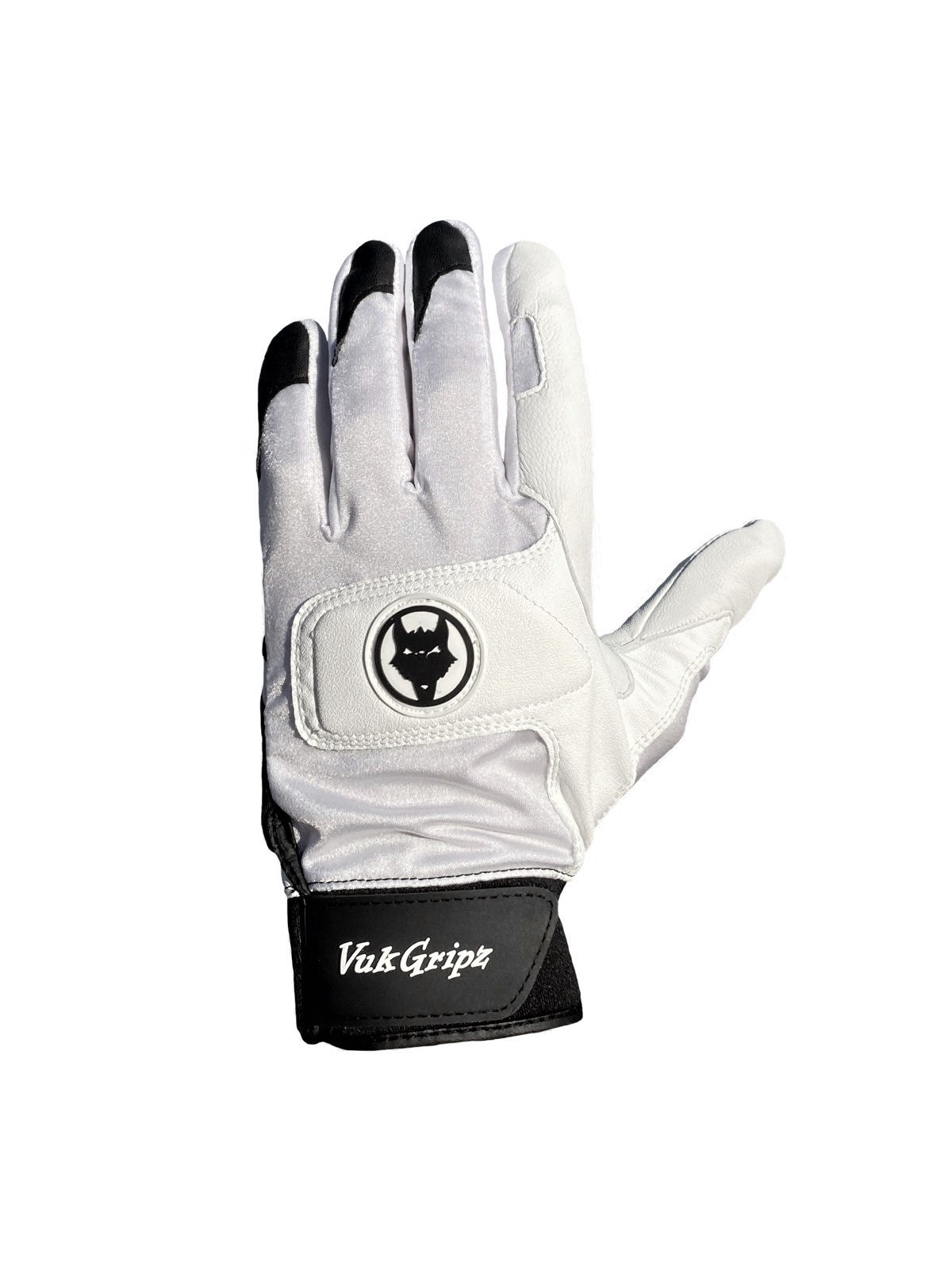 Front view VukGripz Alpha 2.0 White Batting Gloves featuring white logo and black strap